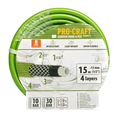 Шланг садовий PRO-CRAFT PR-4GH1315 (4 шари, Ø 1/2", 15м, хрестоподібне плет.) зелений