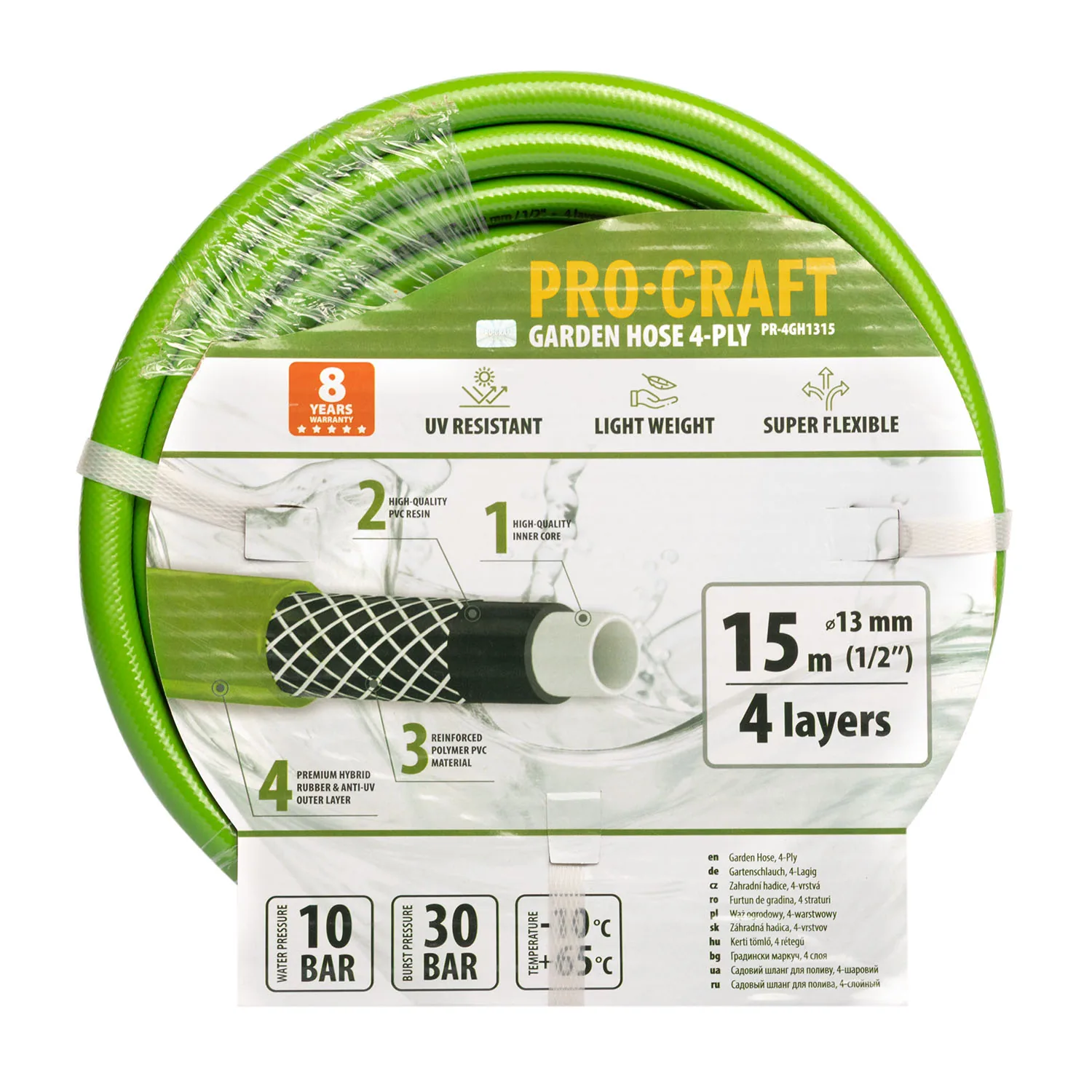 Шланг садовий PRO-CRAFT PR-4GH1315 (4 шари, Ø 1/2", 15м, хрестоподібне плет.) зелений
