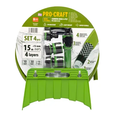 Шланг садовий PRO-CRAFT PR-4GH1315F (4 шари, Ø 1/2", 15м, хрестоподібне плет.) зелений з компл.