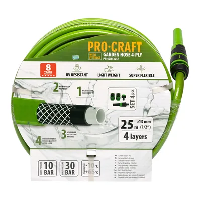 Шланг садовий PRO-CRAFT PR-4GH1325F (4 шари, Ø 1/2", 25м, хрестоподібне плет.) зелений з компл.