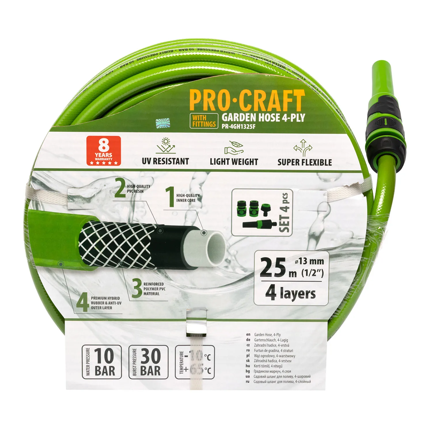 Шланг садовий PRO-CRAFT PR-4GH1325F (4 шари, Ø 1/2", 25м, хрестоподібне плет.) зелений з компл.