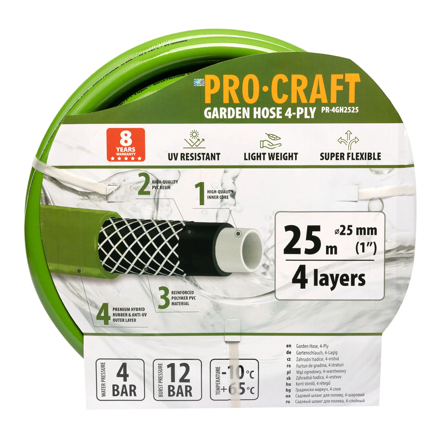 Шланг садовий PRO-CRAFT PR-4GH2525 (4 шари, Ø 1,0", 25м, хрестоподібне плет.) зелений