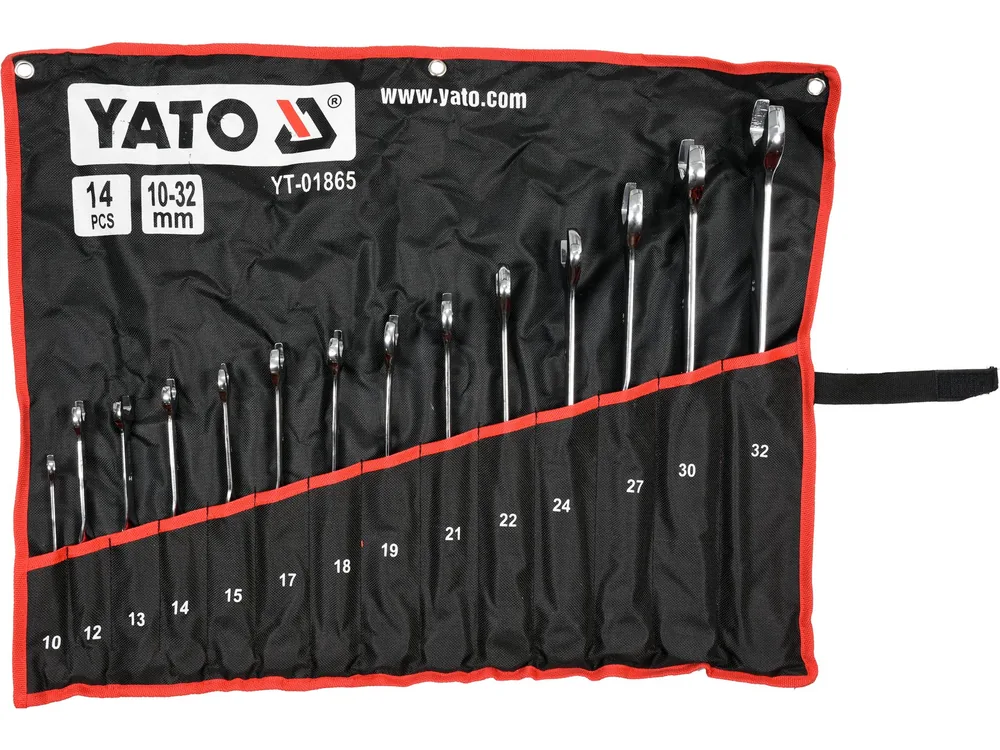 Ключі ріжково-накидні, кручені 90° YATO : М= 10-32 мм, Cr-V, 14 шт