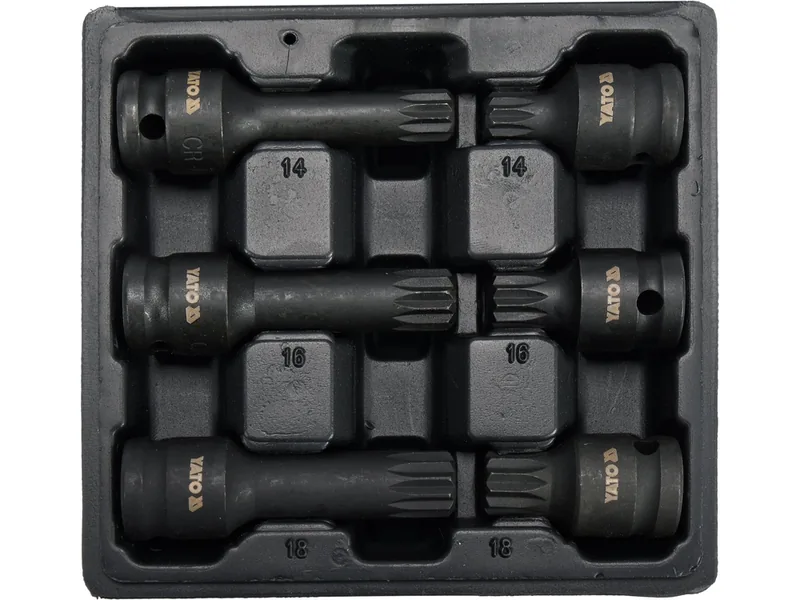 Набір насадок викруткових ударних YATO: SPLINE M14 M16 M18 квадрат 1/2". L= 43/78мм CrMo, 6 Од.