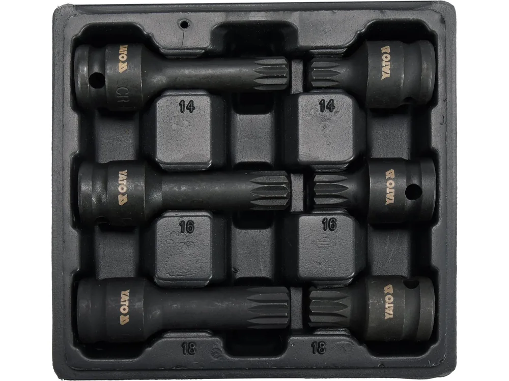 Набір насадок викруткових ударних YATO: SPLINE M14 M16 M18 квадрат 1/2". L= 43/78мм CrMo, 6 Од.