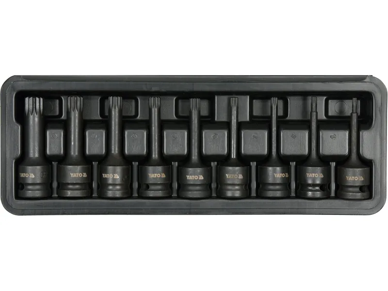 Набір насадок викруткових ударних YATO : SPLINE M4-M16. квадрат 1/2"; CrMo, 9 Од + кейс