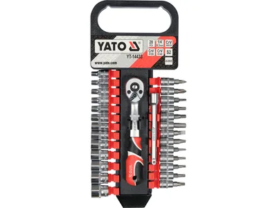 Набір головок торцевих YATO Cr-Van, квадрат 1/4" з тріщаткою і подовжувачем. 28 шт