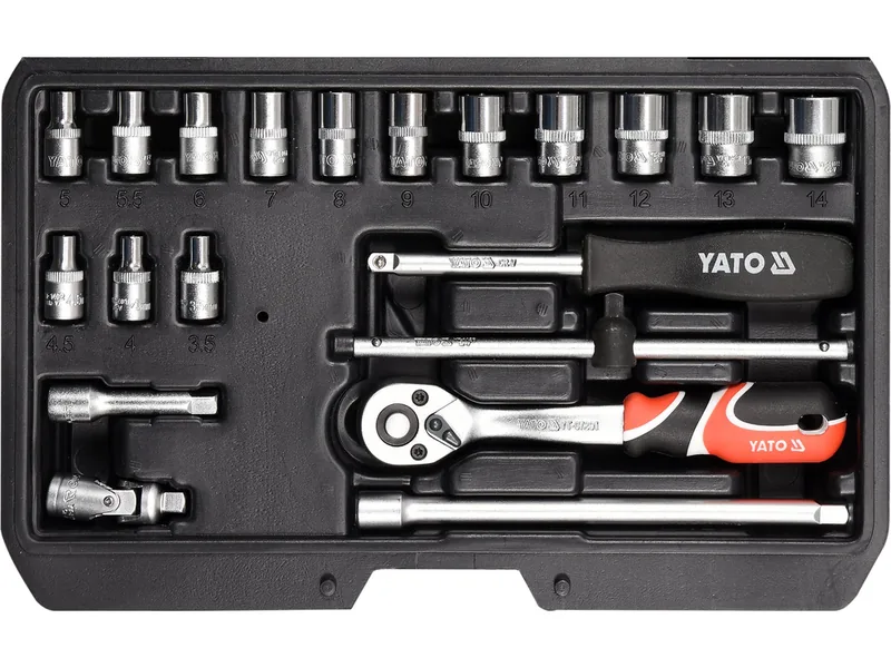 Набір головок торцевих YATO : квадрат 1/4", М3,5-14 з інструментами. 20 шт.
