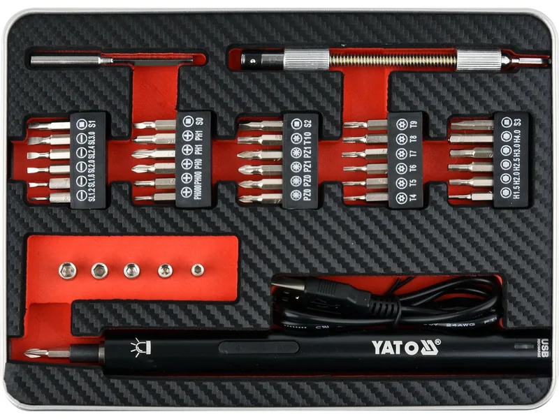 Викрутка акумул. з набором біт YATO : Li-Ion 3.6В 450 мАгод, LED-підсвітка, HEX-1/4", CrV, 39шт+кейс