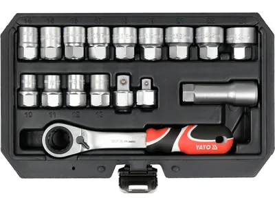 Набір головок торцевих наскрізних SPLINE YATO: квадрат 3/8" і 1/2", М10-М24 з храповим воротком