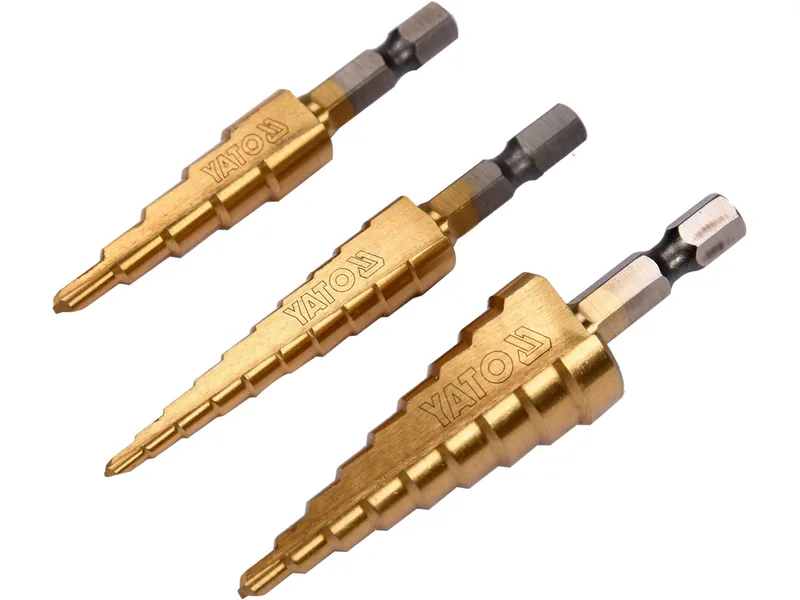 Свердла конічні титанові по металу YATO, HEX-1/4", HSS, для отворів Ø=3-12мм, 4-12мм,4-20мм; 3шт