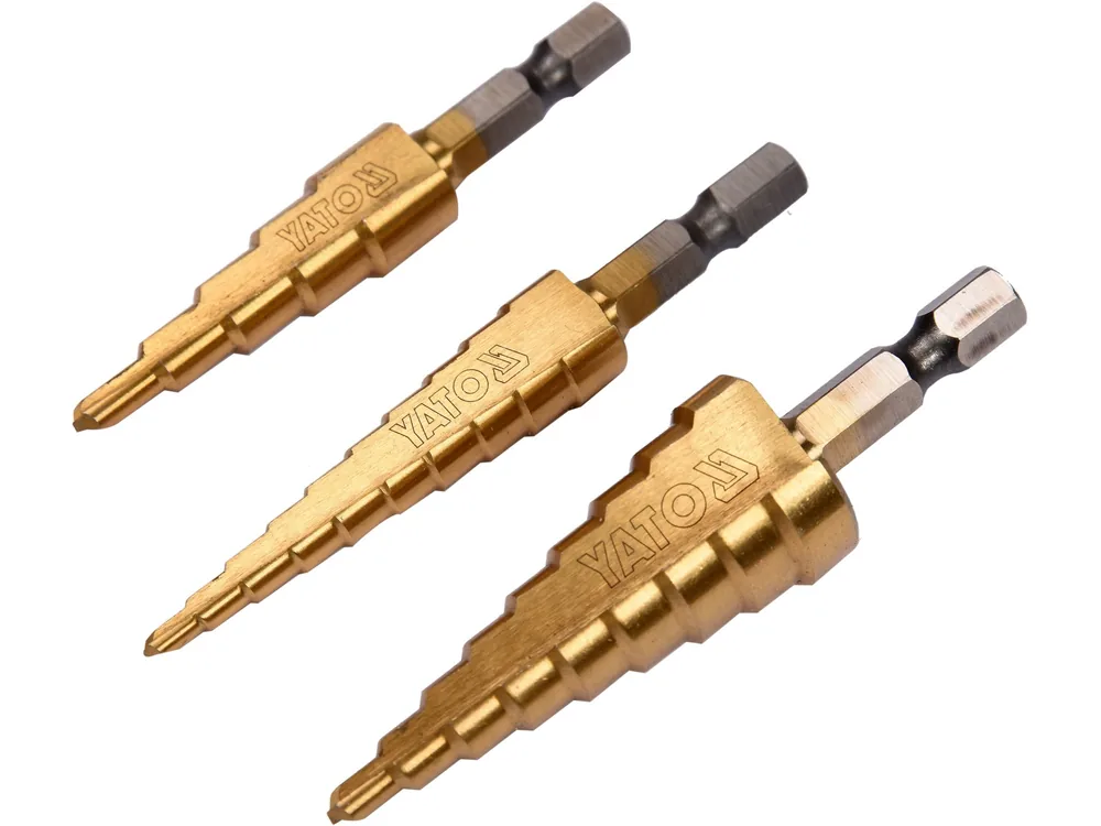 Свердла конічні титанові по металу YATO, HEX-1/4", HSS, для отворів Ø=3-12мм, 4-12мм,4-20мм; 3шт