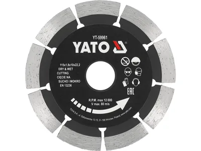 Диск відрізний алмазний по каменю і бетону YATO Ø=115x1.8x10x22.2 мм, в мокрому і сухому режимі