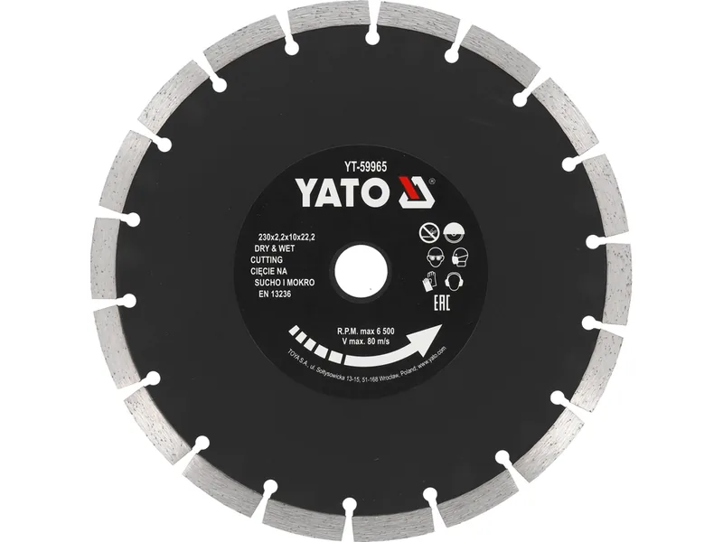 Диск відрізний алмазний по каменю і бетону YATO Ø=230x2.2x10x22.2 мм, в мокрому і сухому режимі