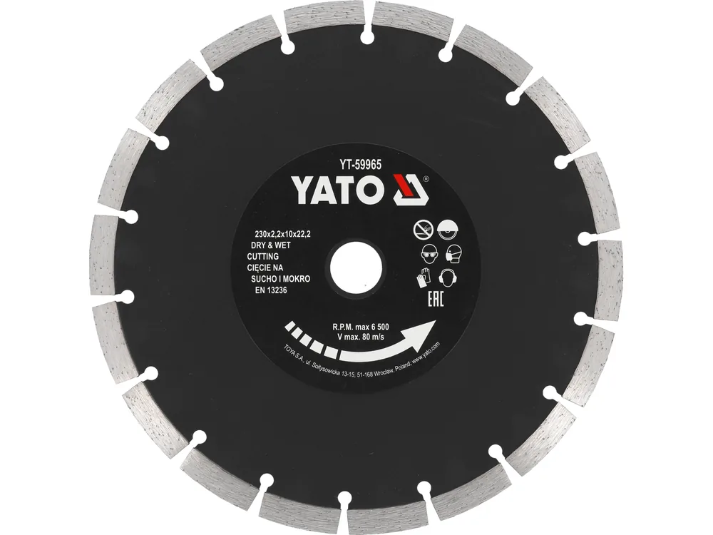 Диск відрізний алмазний по каменю і бетону YATO Ø=230x2.2x10x22.2 мм, в мокрому і сухому режимі