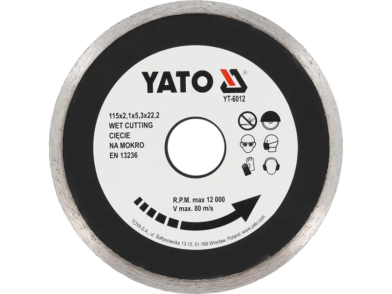 Диск алмазний суцільний YATO : Ø= 115x5,3x22,2 мм. H= 2,1 мм. для мокрої різки