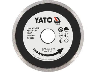 Диск алмазний суцільний YATO : Ø= 115x5,3x22,2 мм. H= 2,1 мм. для мокрої різки