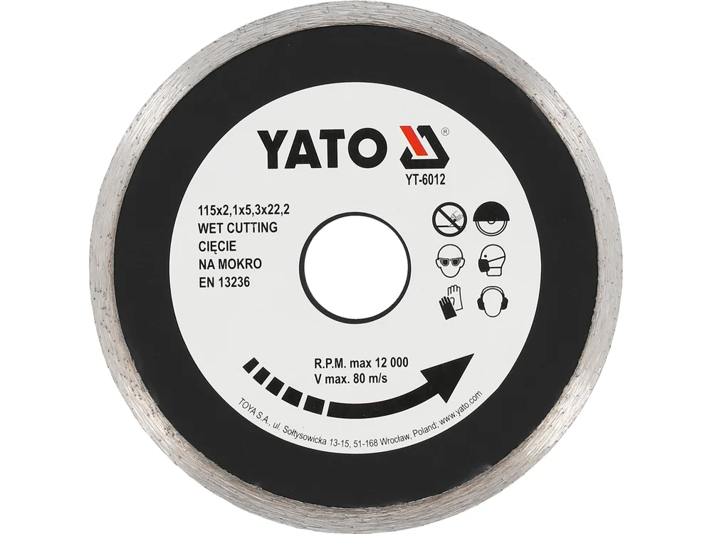 Диск алмазний суцільний YATO : Ø= 115x5,3x22,2 мм. H= 2,1 мм. для мокрої різки
