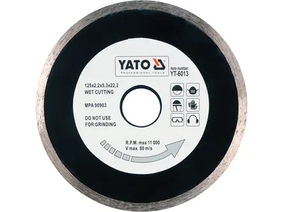 Диск алмазний суцільний YATO : Ø= 125x5,3x22,2 мм. H= 2,2 мм. для мокрої різки