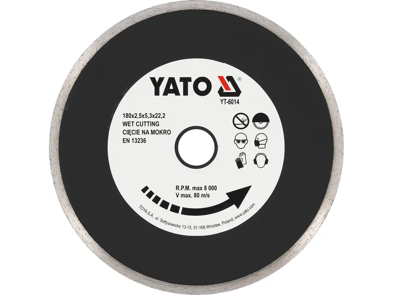 Диск алмазний суцільний YATO : Ø= 180x5,3x22,2 мм. H= 2,5 мм. для мокрої різки