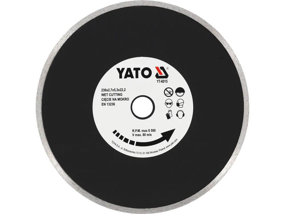 Диск алмазний суцільний YATO : Ø= 230x5,3x22,2 мм. H= 2,7 мм. для мокрої різки