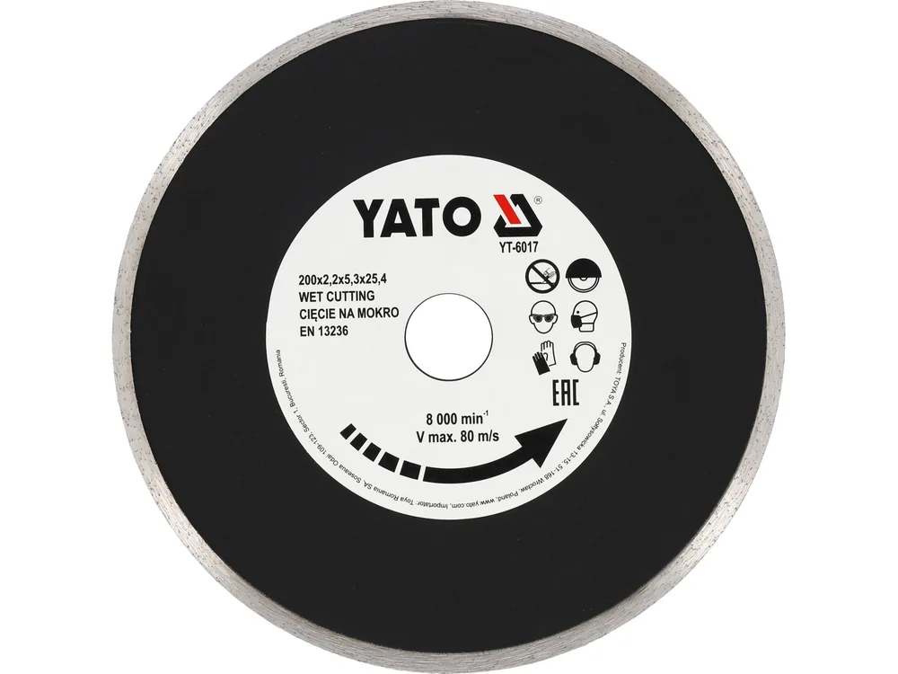 Диск алмазний суцільний YATO : Ø= 200х8,0x25,4 мм. H= 2.2 мм