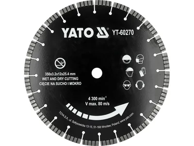 Диск відрізний сегментний алмазний по бетону YATO Ø= 350/25,4x3.2 мм, в мокрому і сухому режимі