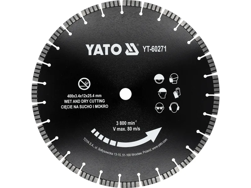 Диск відрізний сегментний алмазний по бетону YATO Ø= 400/25,4x3.4 мм, в мокрому і сухому режимі
