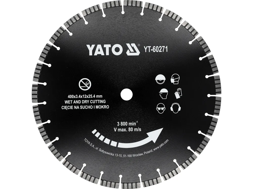 Диск відрізний сегментний алмазний по бетону YATO Ø= 400/25,4x3.4 мм, в мокрому і сухому режимі