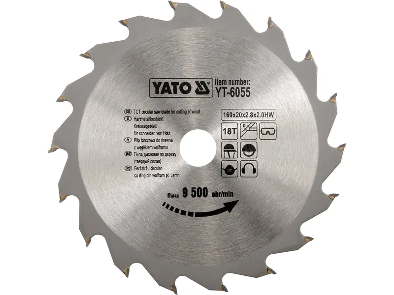 Диск пиляльний победітовий по дереву YATO: 160х20х2.8х2.0 мм, 18 зубців, R.P.M до 9500 1/хв