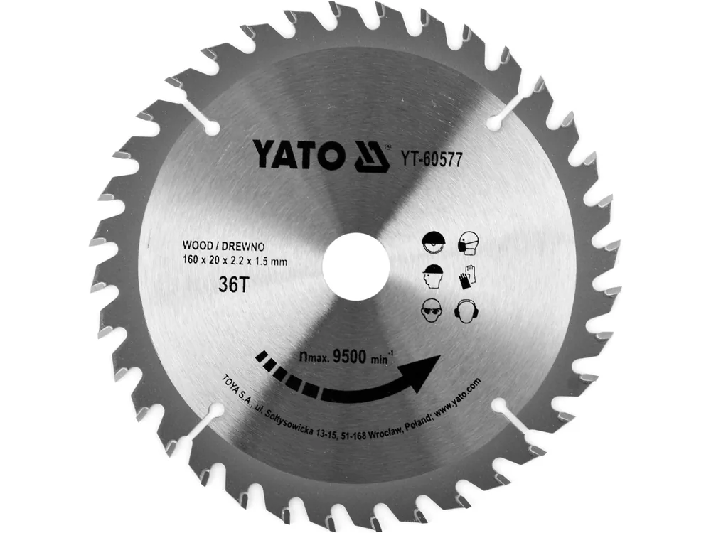 Диск пиляльний победітовий по дереву YATO: 160x20x2.2x1.5 мм, 36 зубців, R.P.M до 9500 1/хв