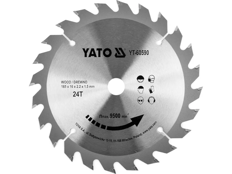 Диск пиляльний победітовий по дереву YATO: 165x16x2.2x1.5 мм, 24 зубці, R.P.M до 9500 1/хв
