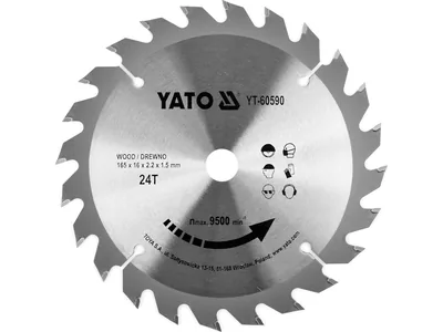 Диск пиляльний победітовий по дереву YATO: 165x16x2.2x1.5 мм, 24 зубці, R.P.M до 9500 1/хв