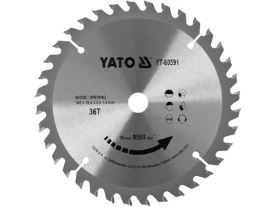 Диск пиляльний победітовий по дереву YATO: 165x16x2.2x1.5 мм, 36 зубців, R.P.M до 9500 1/хв