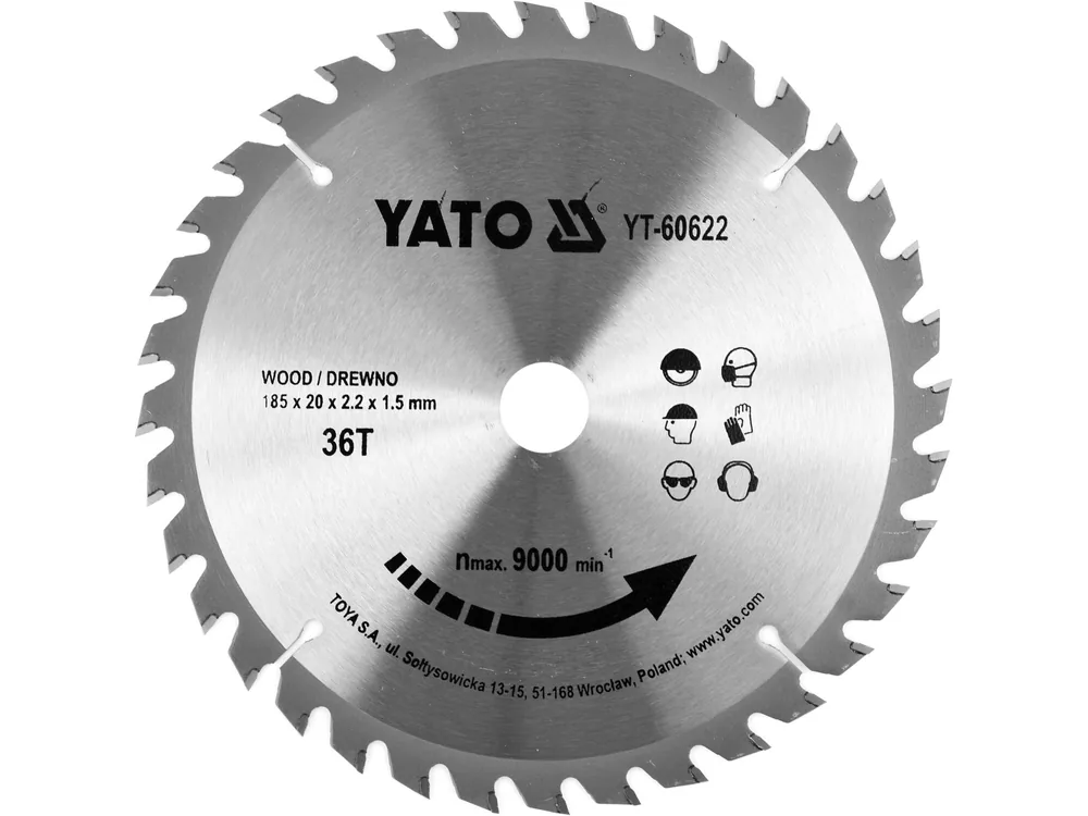Диск пиляльний победітовий по дереву YATO: 185x20x2.2x1.5 мм, 36 зубців, R.P.M до 9500 1/хв