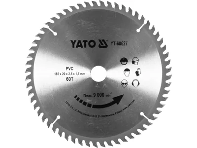 Диск пиляльний по ПВХ YATO: Ø=185х2.5x20 мм, 60 зубців, R.P.M до 9000 1/хв