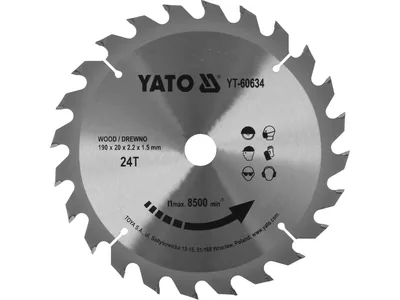 Диск пиляльний победітовий по дереву YATO: 190х20x2.2x1.5 мм, 24 зубці, R.P.M. до 7100 1/хв