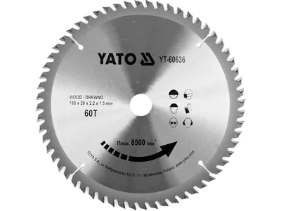 Диск пиляльний победітовий по дереву YATO: 190x20x2.2x1.5 мм, 60 зубців, R.P.M до 8500 1/хв