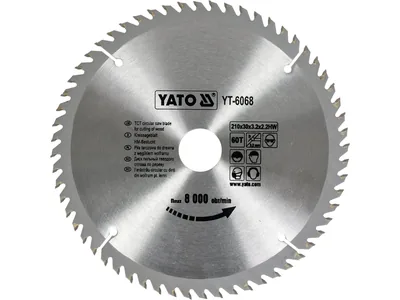 Диск пиляльний победітовий по дереву YATO: 210х30x3.2x2.2 мм, 60 зубців, R.P.M. до 8000 1/хв