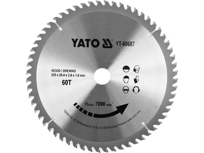 Диск пиляльний победітовий по дереву YATO: 235x25.4x2.8x1.8мм, 60 зубців, R.P.M до 7000 1/хв