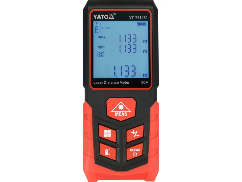 Дальномір лазерний YATO з LCD- дисплеєм, дальн- 50м, похибка ±2мм, виміри площі і об'єму живл- 2-ААА