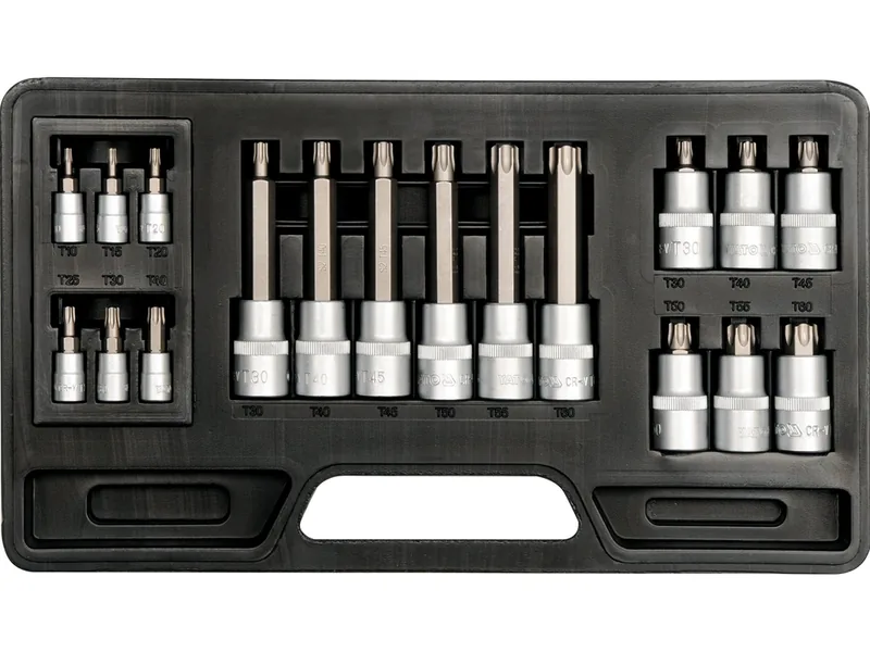 Набір головок торцевих з насадками TORX YATO : квадрат 1/2"-1/4". TORX T10-T60. 18 Шт.
