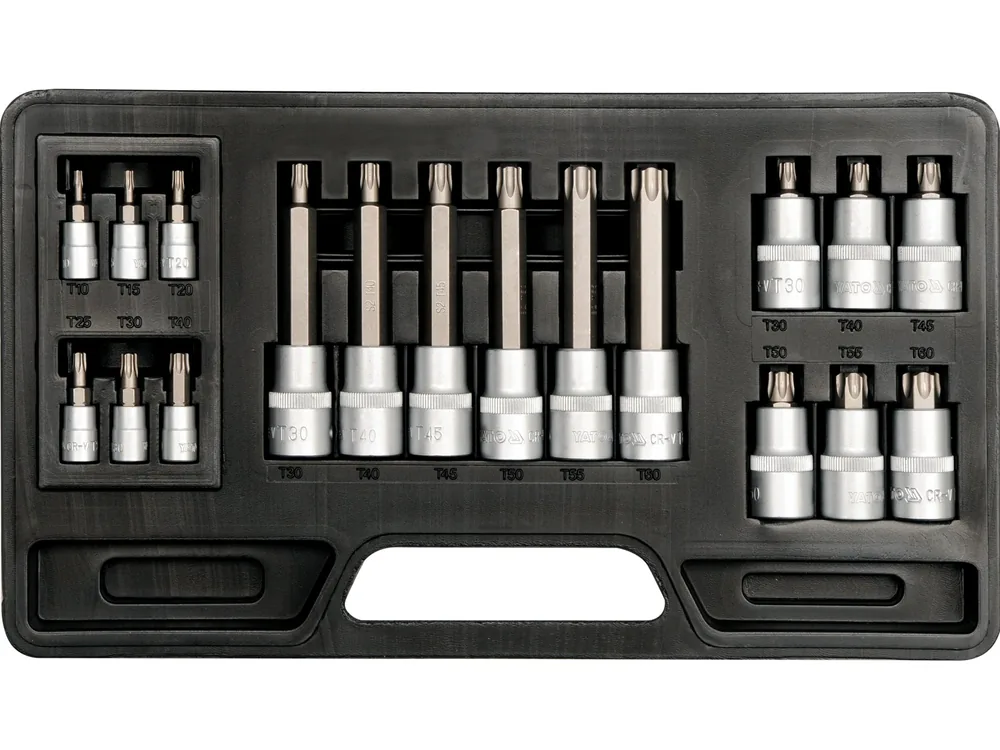 Набір головок торцевих з насадками TORX YATO : квадрат 1/2"-1/4". TORX T10-T60. 18 Шт.