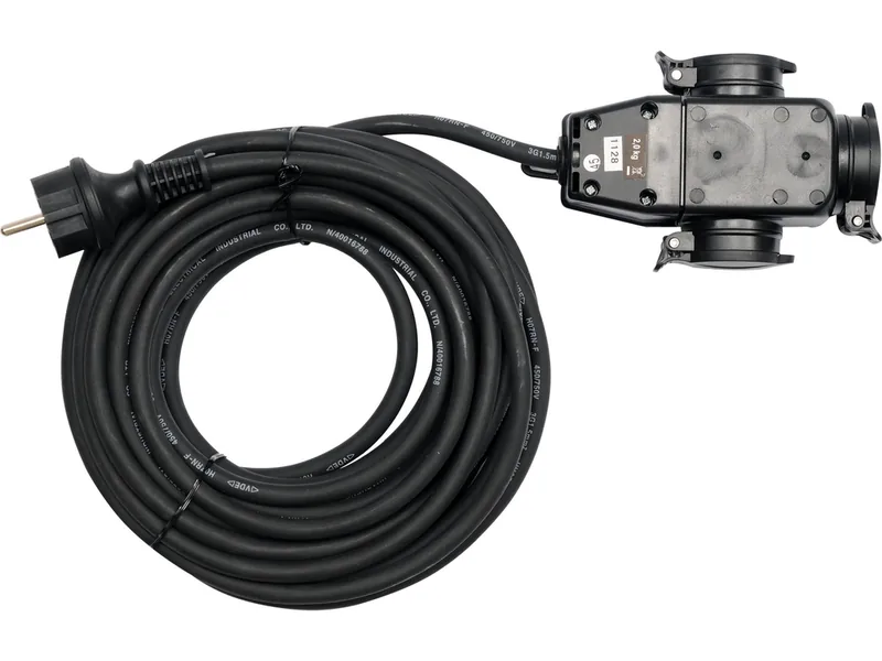 Подовжувач електромережевий YATO: l= 10 м, 16 A, 3Gх1,5 mm2, IP44 з розгалужовачем з 3 гніздами