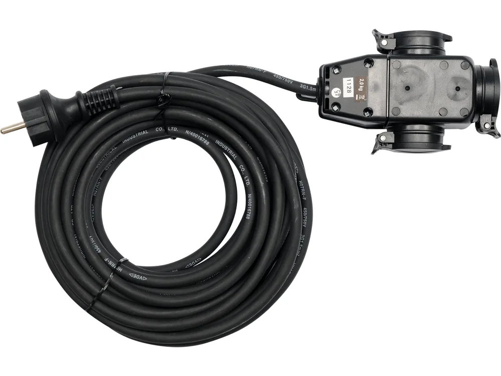 Подовжувач електромережевий YATO: l= 10 м, 16 A, 3Gх1,5 mm2, IP44 з розгалужовачем з 3 гніздами