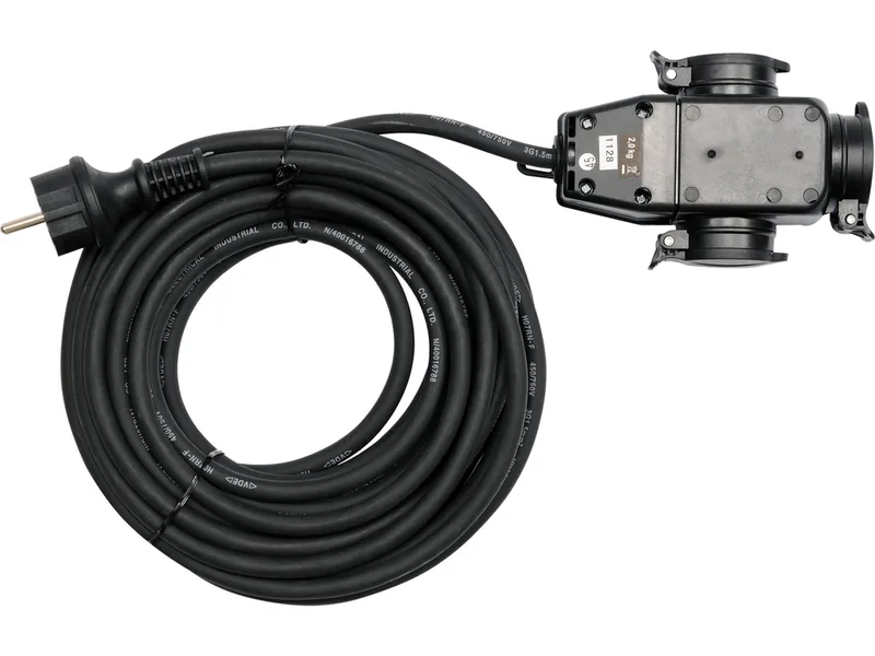 Подовжувач електромережевий YATO: l= 20 м, 16 A, 3Gх1,5 mm2, IP44 з розгалужовачем з 3 гніздами