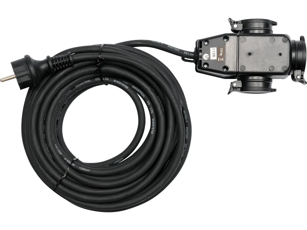 Подовжувач електромережевий YATO: l= 20 м, 16 A, 3Gх1,5 mm2, IP44 з розгалужовачем з 3 гніздами